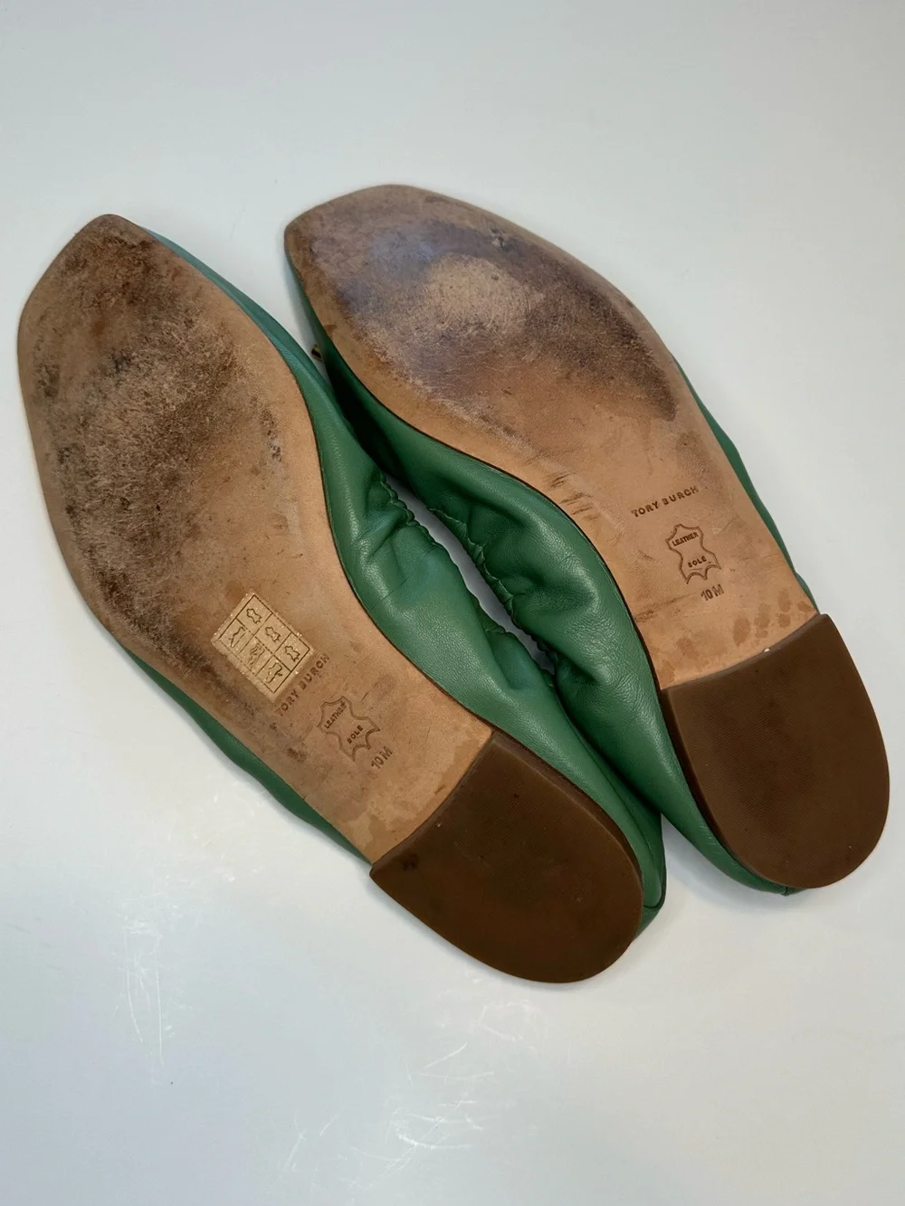 Tory Burch Ballet Flats Dress Shoes Leather Square Toe Bow Green Women’s Size 10